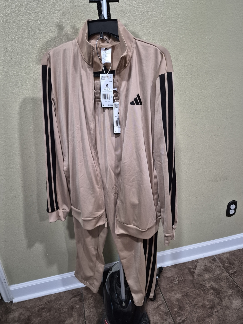 Adidas Men's Beige and Black 3-Stripe Track Jacket & Pants Set Size M